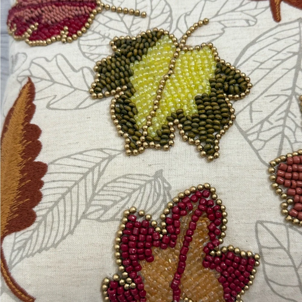 Pier 1 Beaded Autumn Leaves Decorative Throw Pillow 16” Fall Harvest